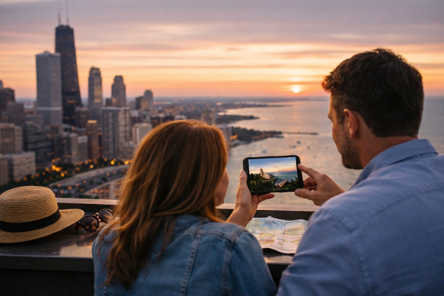 Couple overlooking the Chicago skyline at sunset planning quiet summer vacation ideas from Chicago on a phone, dreaming of a peaceful Mackinac Island getaway