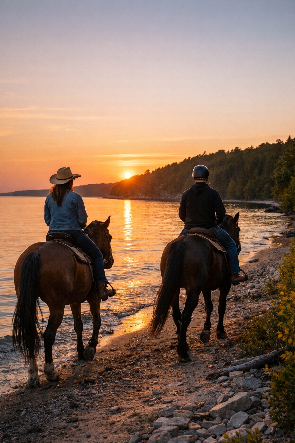 Two horseback riders along Lake Huron shoreline at sunset near Mackinac Island, capturing the serene equestrian experience close to The Inn at Stonecliffe.