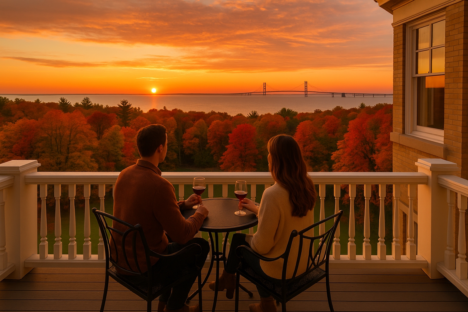 Couple enjoying wine on a balcony at The Inn at Stonecliffe overlooking Mackinac Bridge and vibrant fall foliage in Northern Michigan.