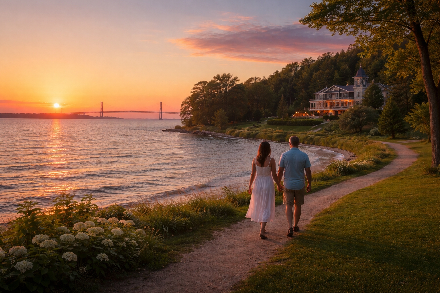 Romantic getaway in Michigan featuring Mackinac Island, lake views, historic lodging, sunset shoreline walk, and Northern Michigan summer scenery for couples