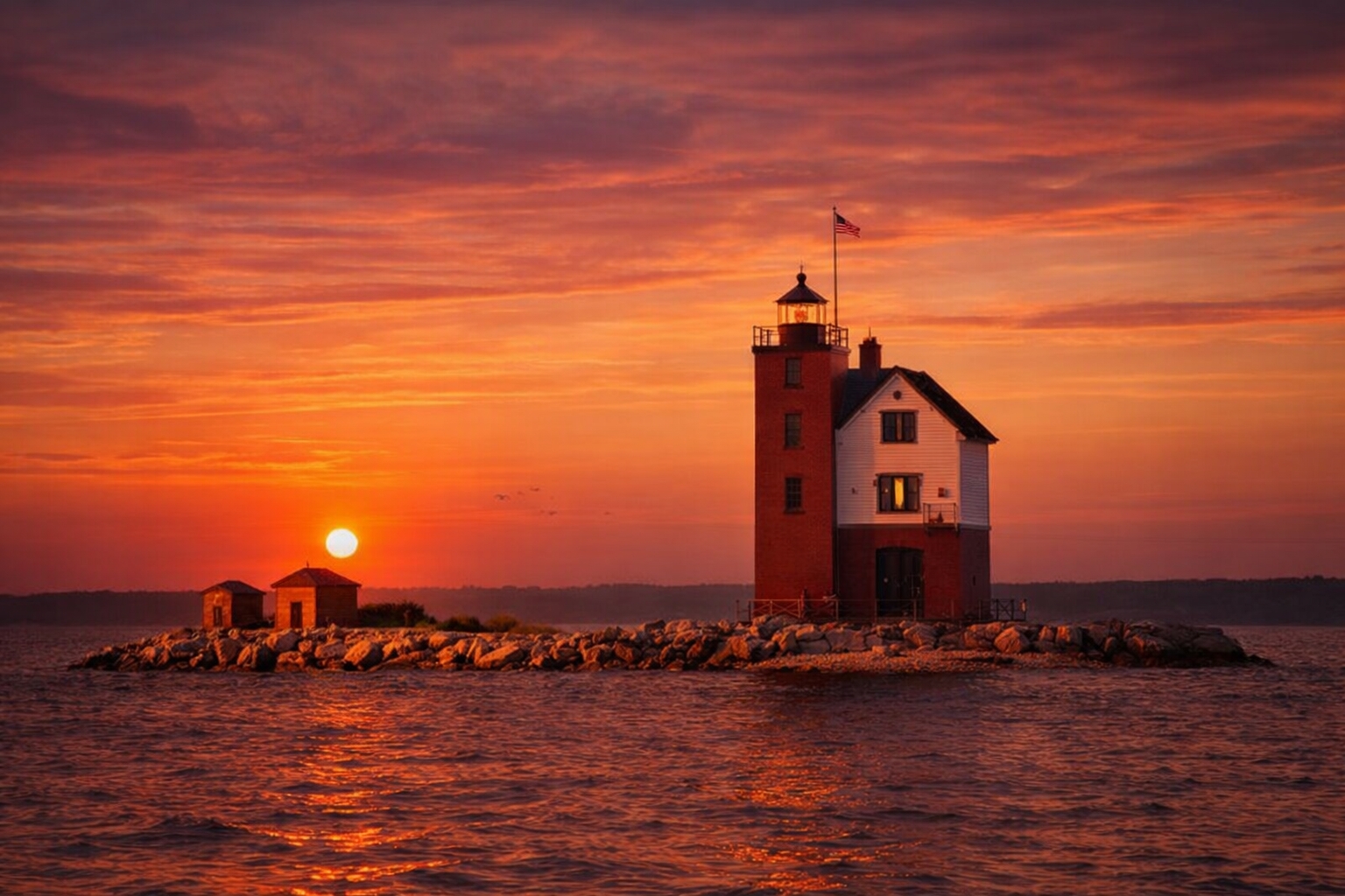 Round Island Lighthouse at sunset on Lake Huron
