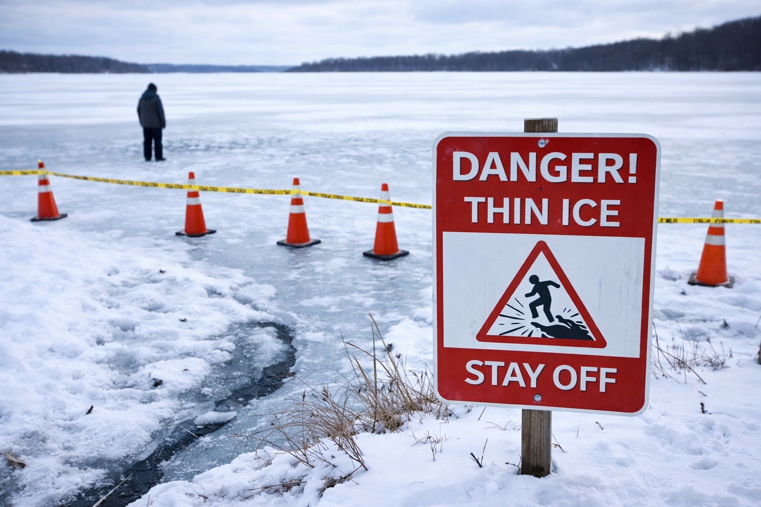 Danger sign warning of thin ice beside a frozen lake, with safety cones and caution tape blocking access to unstable winter ice.