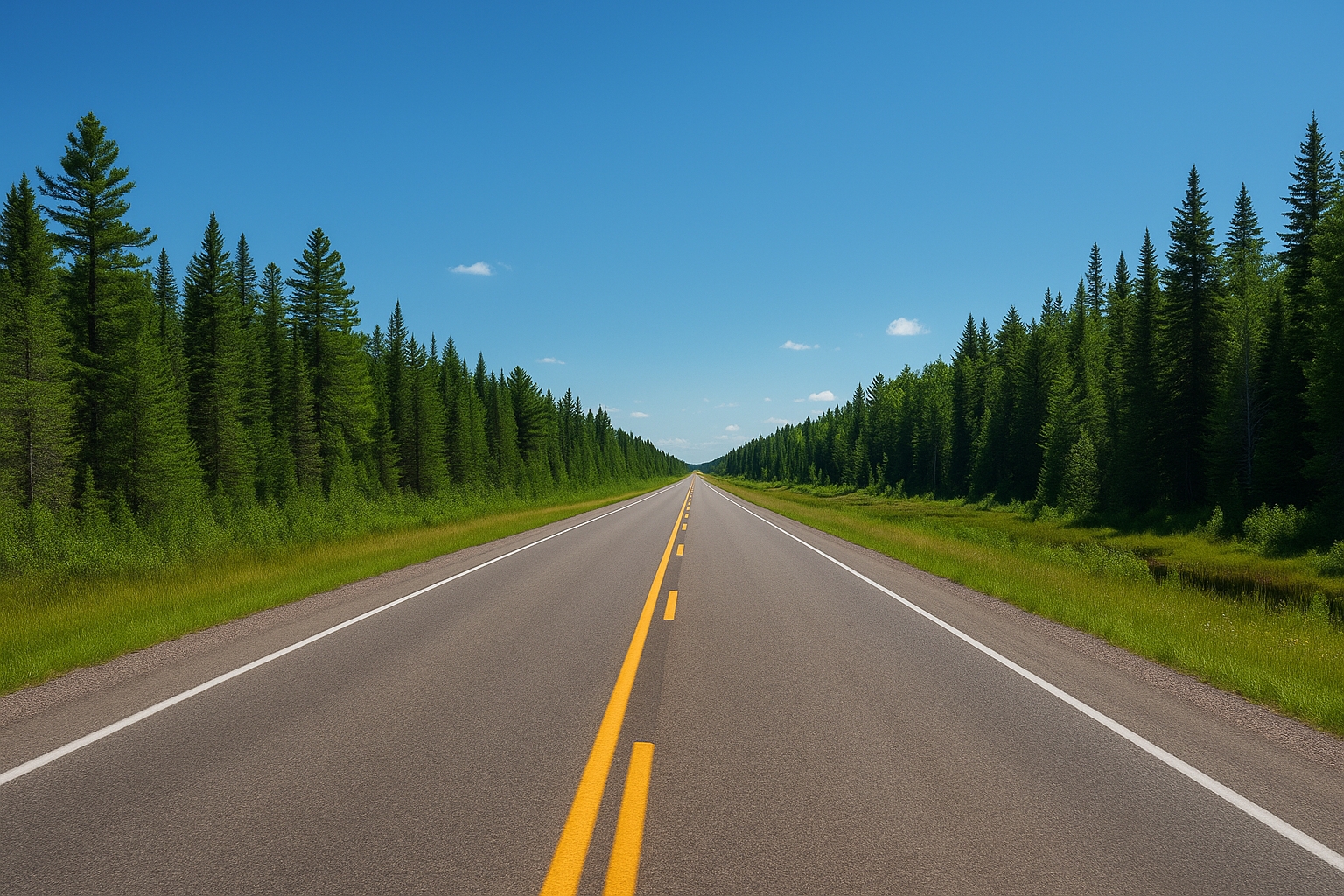 Seney Stretch Michigan M-28 straight road through Upper Peninsula wilderness, loneliest road in the Lower 48, surrounded by pine forest and blue summer sky