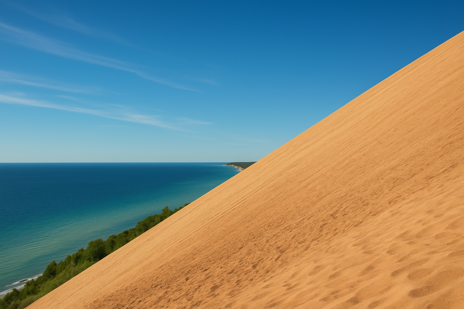 Dry sand dune slope at Sleeping Bear Dunes National Lakeshore in summer with golden quartz grains under blue skies, ideal acoustic conditions for singing sand