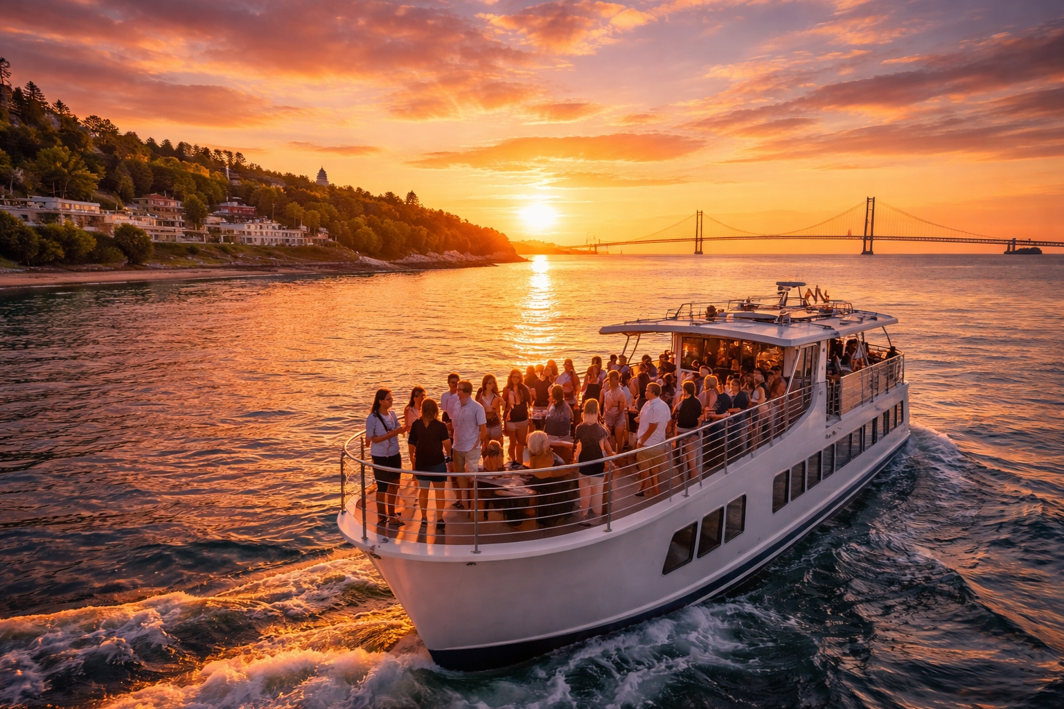 Guests enjoying a Sip N Sail sunset cruise on the Straits of Mackinac with views of Mackinac Island and the Mackinac Bridge, a popular activity for visitors staying at The Inn at Stonecliffe luxury resort.