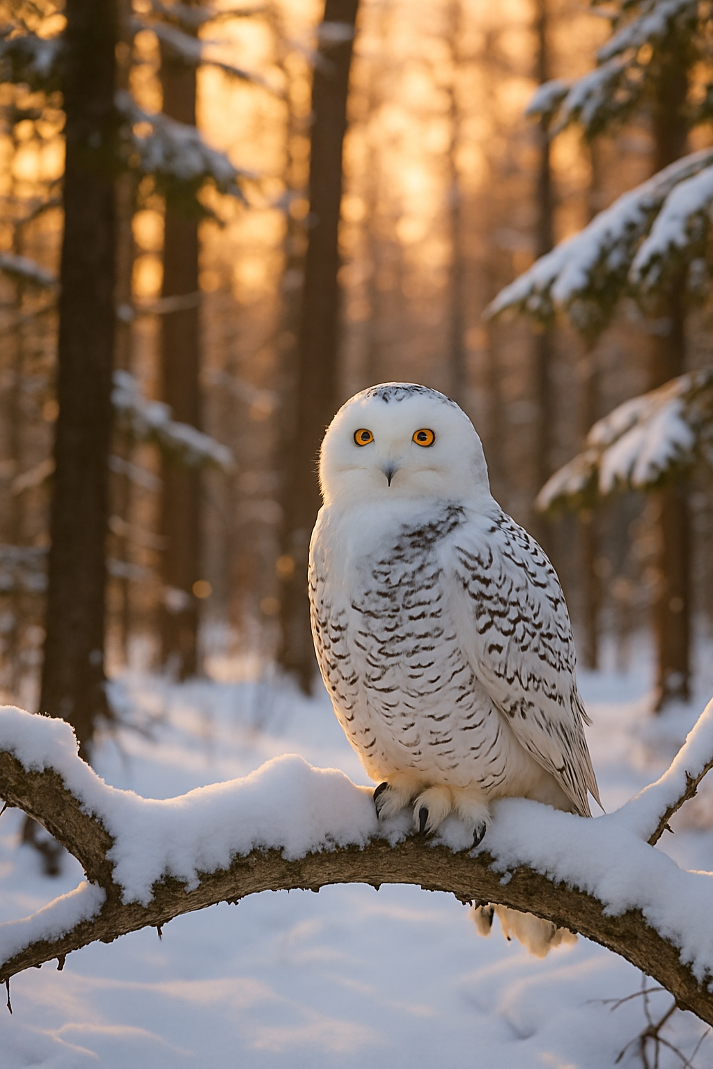 Snowy owl in Northern Michigan forest during winter wildlife viewing, perched on a branch surrounded by snow and trees under golden hour sunlight