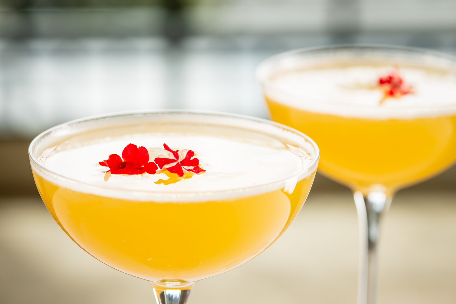 two glasses of yellow liquid with red flowers