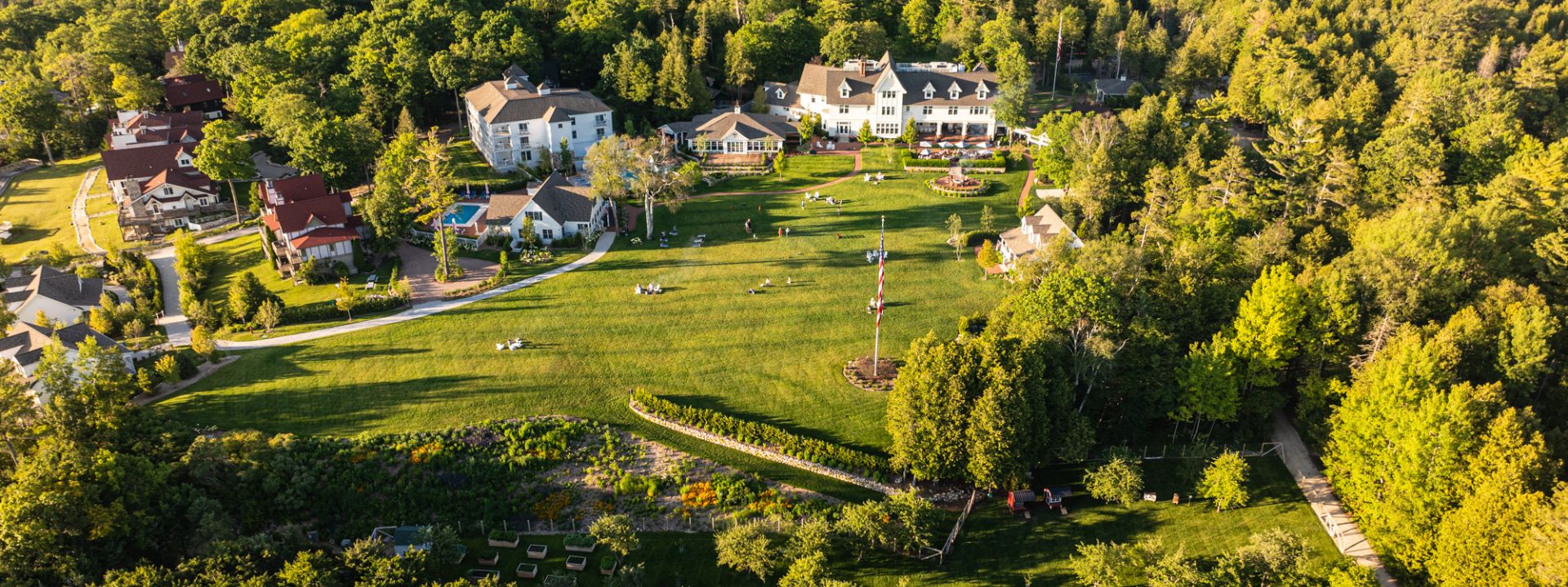 Beautiful aerial view of the best resort property on Mackinac Island