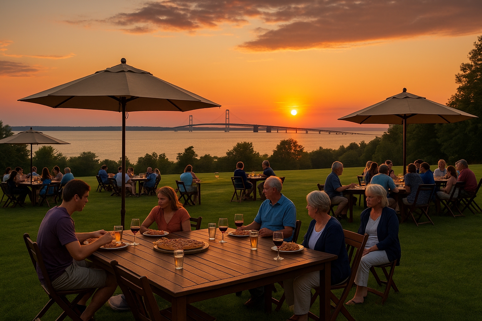 Guests enjoying weekly activities at The Inn at Stonecliffe on Mackinac Island with pizza night on the lawn, sunset views, and Mackinac Bridge in the background
