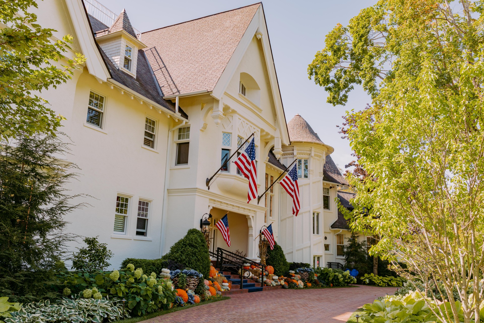 Historic Mansion at The Inn at Stonecliffe decorated for fall