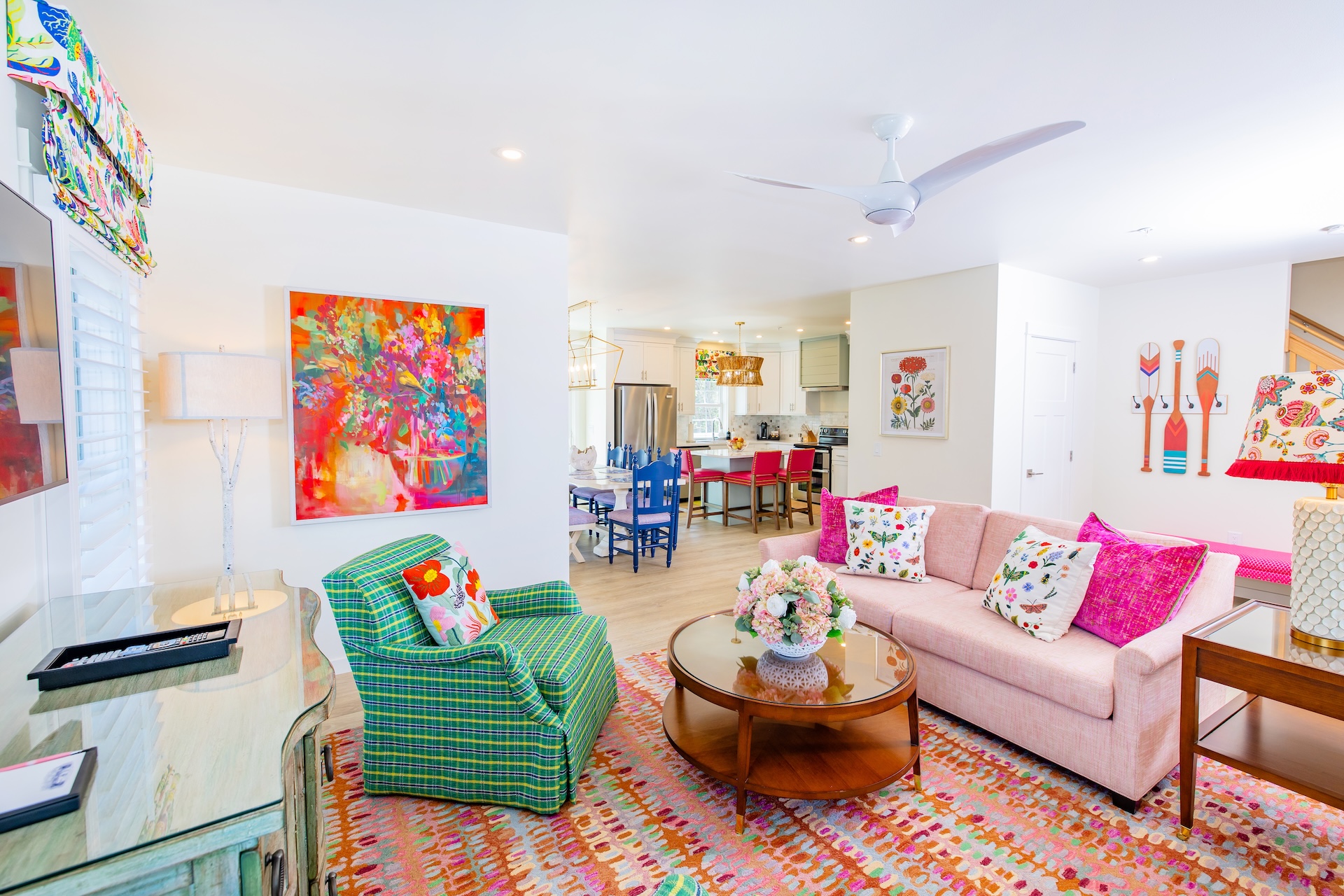a colorful room with a couch and a table