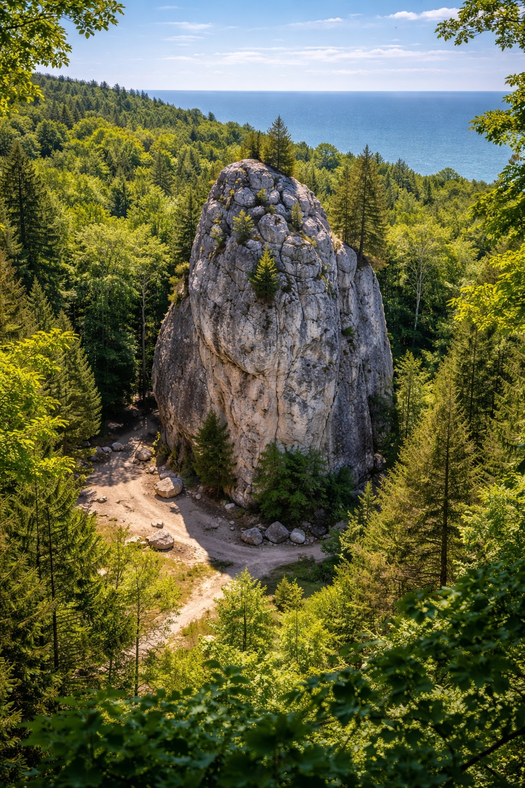 Sugar Loaf Rock on Mackinac Island surrounded by forested landscape and limestone formations during summer