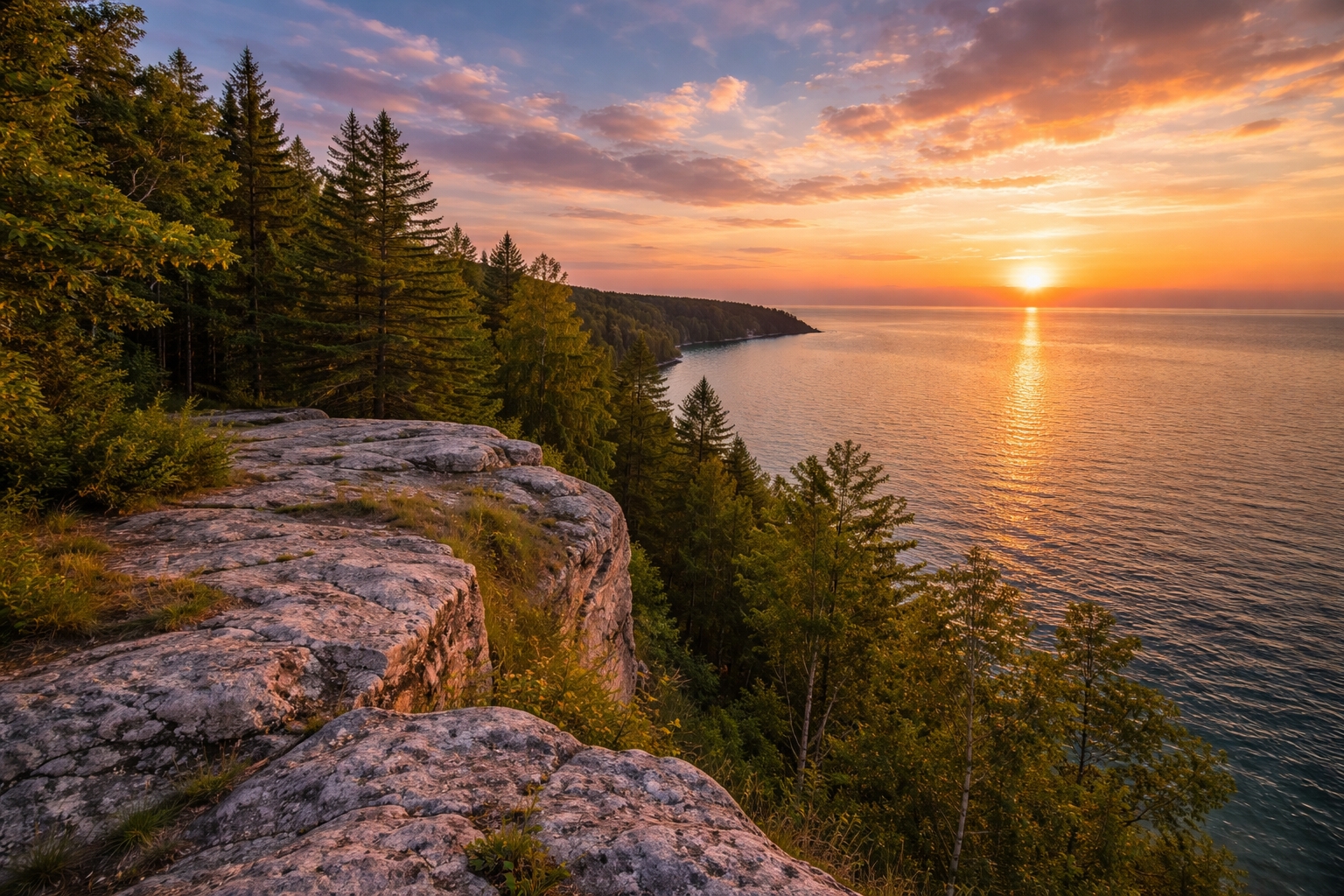 Sunset Rock on Mackinac Island overlooking Lake Huron from the West Bluff during golden hour with elevated limestone cliffs and open water views