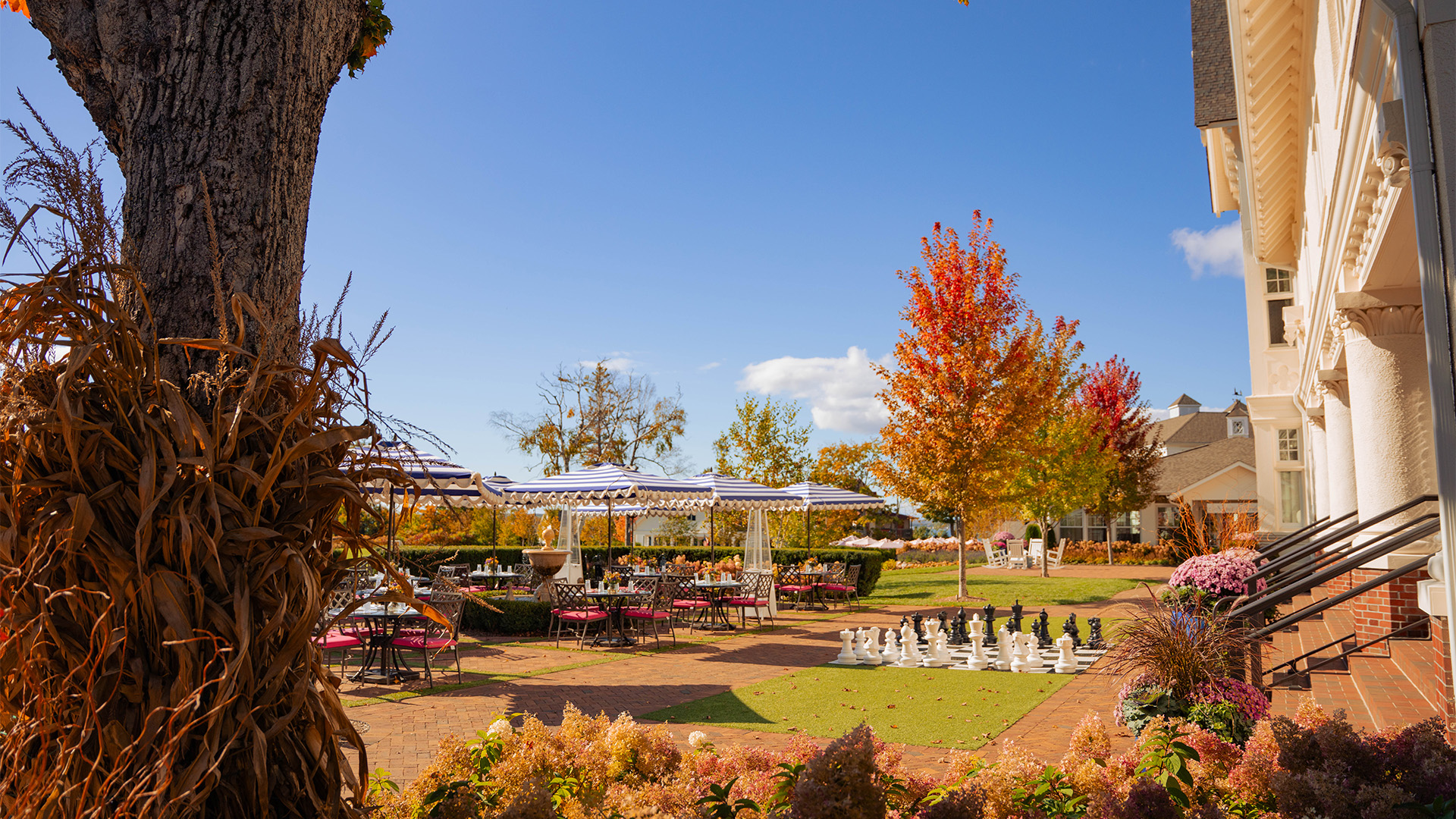 a park with tables and chairs