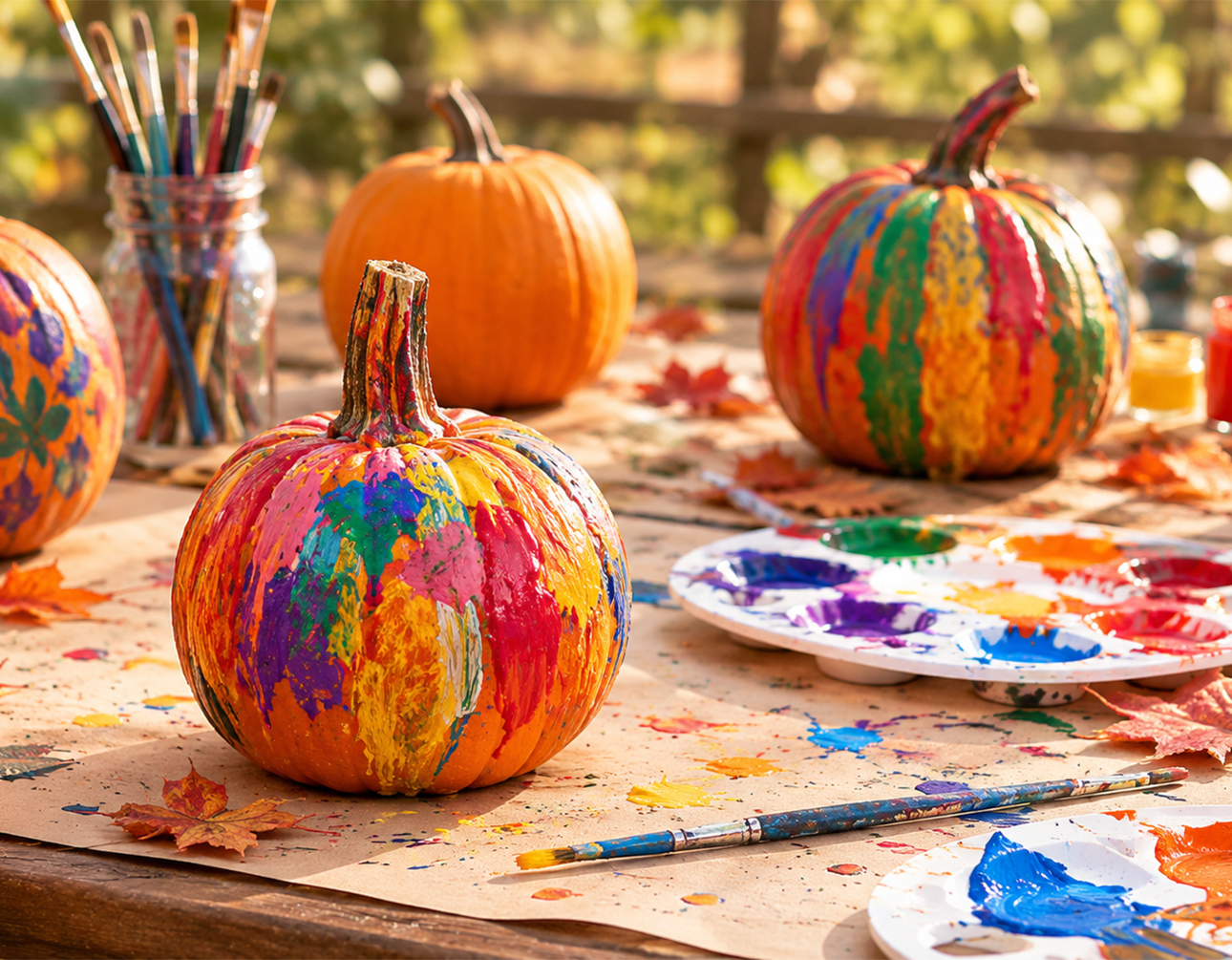 a painted pumpkins on a table