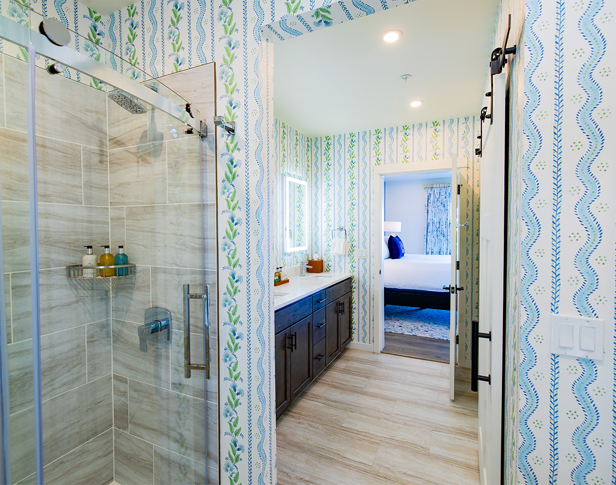 Modern suite bathroom with glass shower at The Inn at Stonecliffe, one of the upscale Mackinac Island hotels.