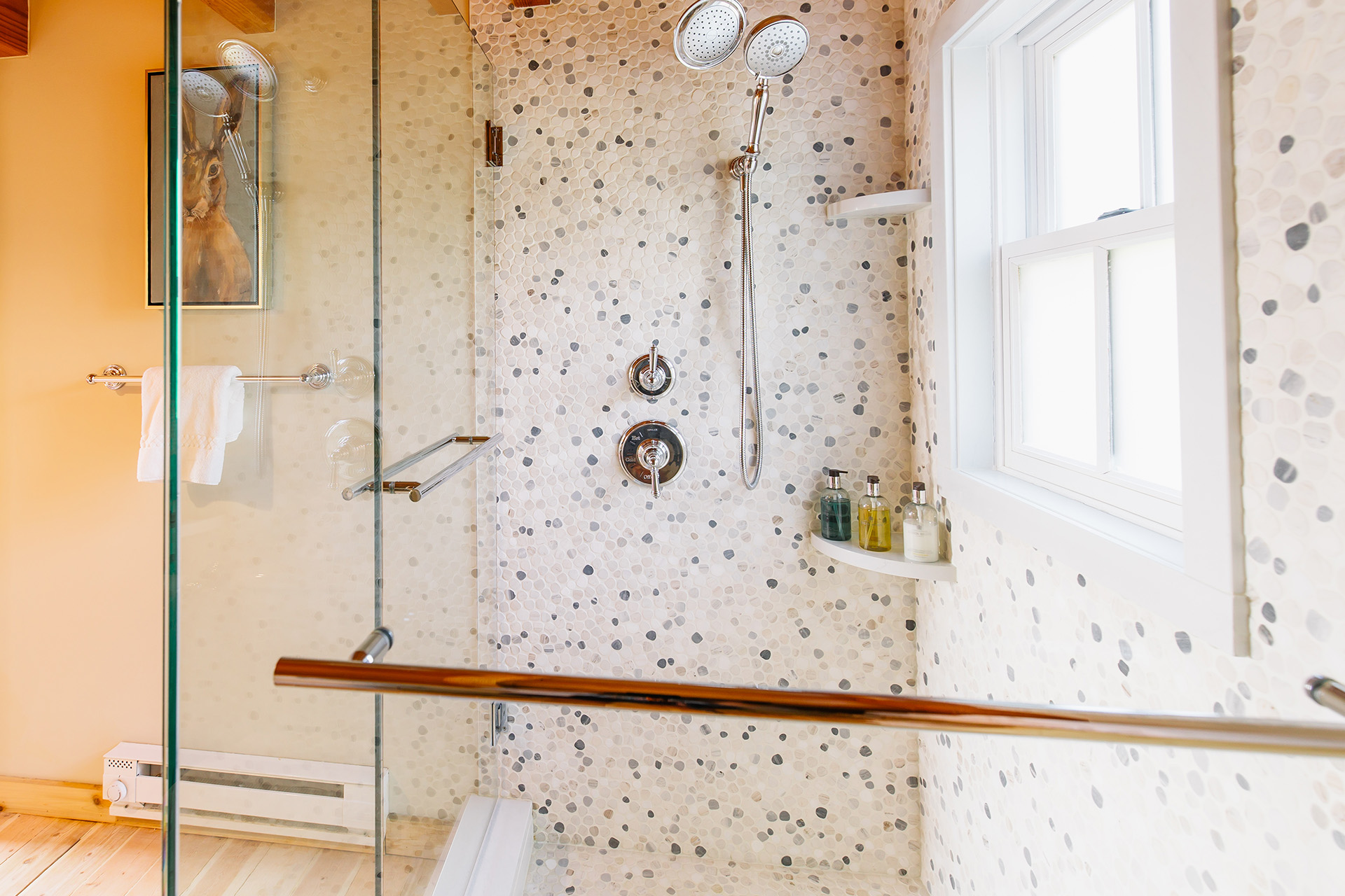 a shower with a glass door