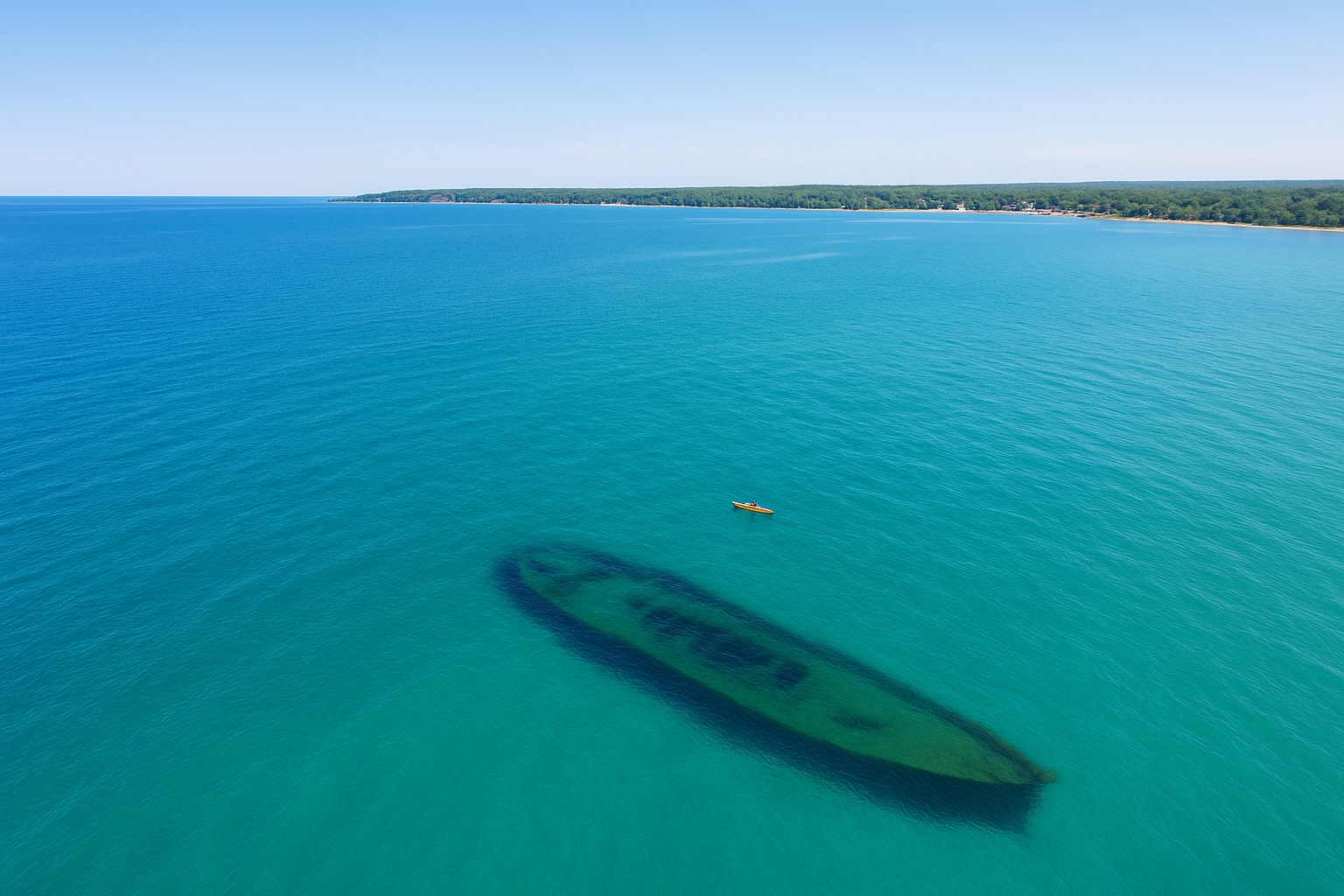 Aerial view of a preserved shipwreck beneath the surface of Thunder Bay National Marine Sanctuary in Lake Huron, with a kayak floating above in clear blue water near Alpena Michigan