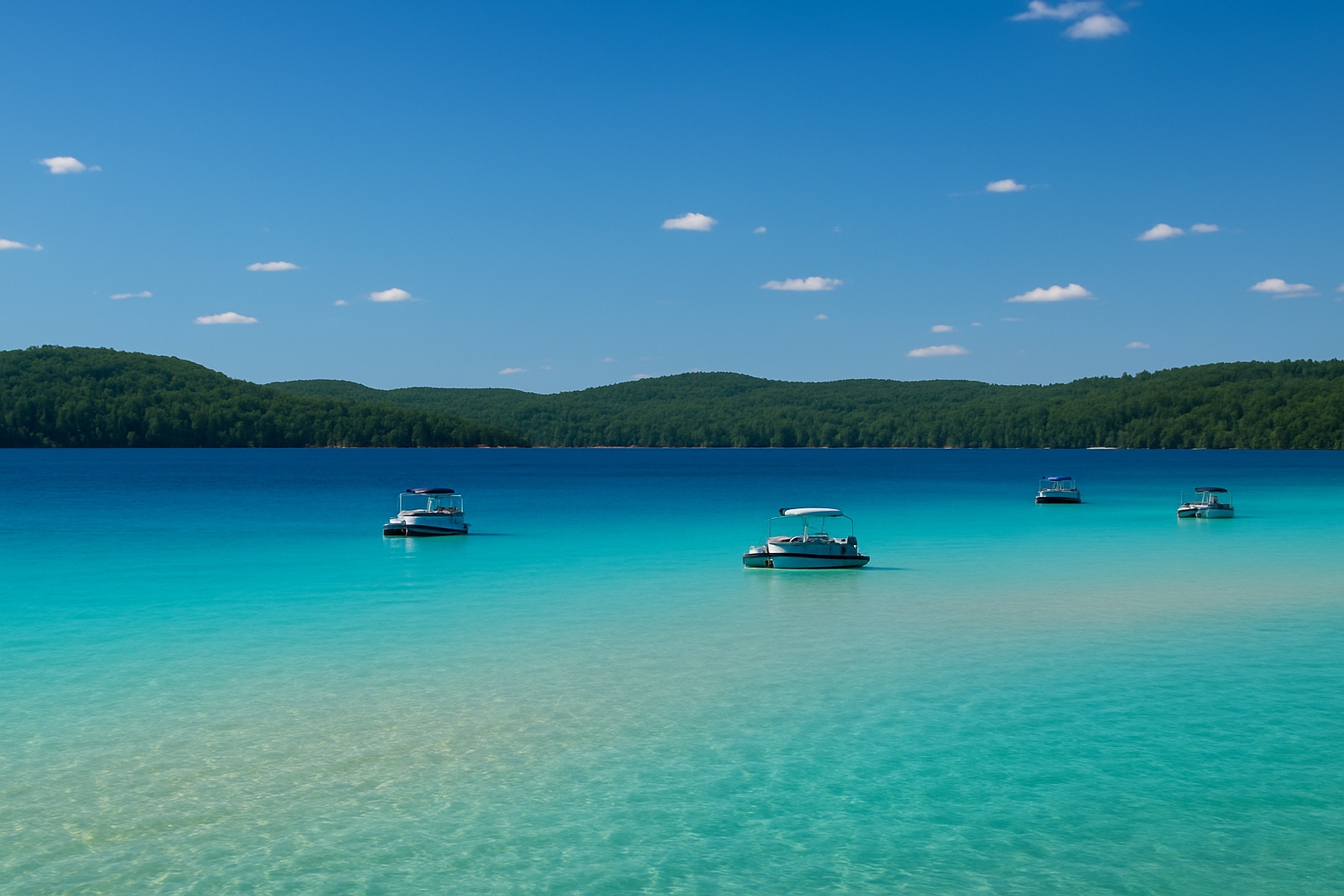 Torch Lake Michigan Caribbean blue water with sandbar and pontoon boats in summer, clear lake water from glacial quartz, Northern Michigan travel destination