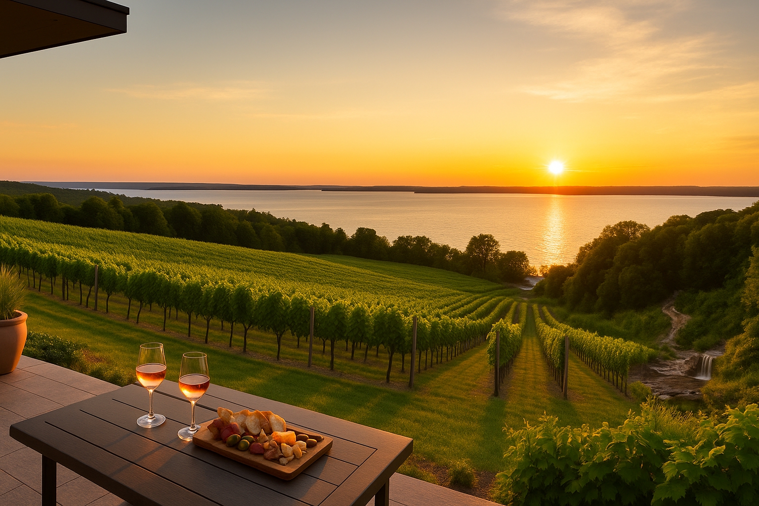 Traverse City vineyard overlooking Grand Traverse Bay at sunset with rolling green grapevines, luxury winery terrace, Northern Michigan wine country, Leelanau Peninsula travel destination, best wineries in Traverse City