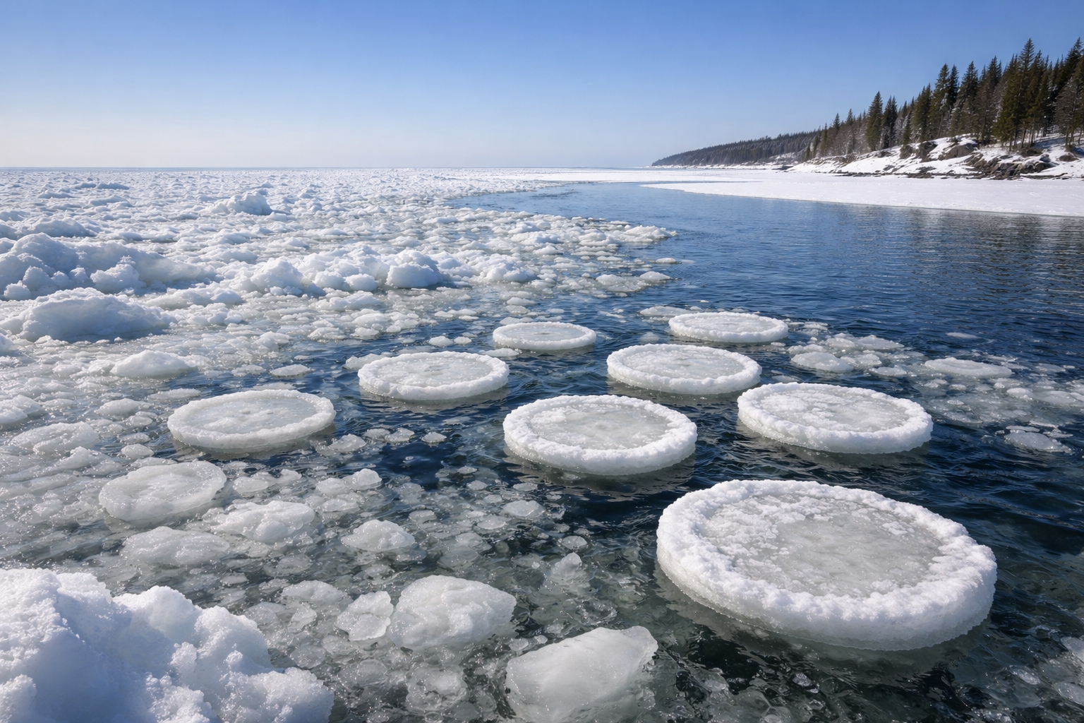 Types of ice on the Great Lakes including pancake ice and pack ice forming along a freshwater shoreline