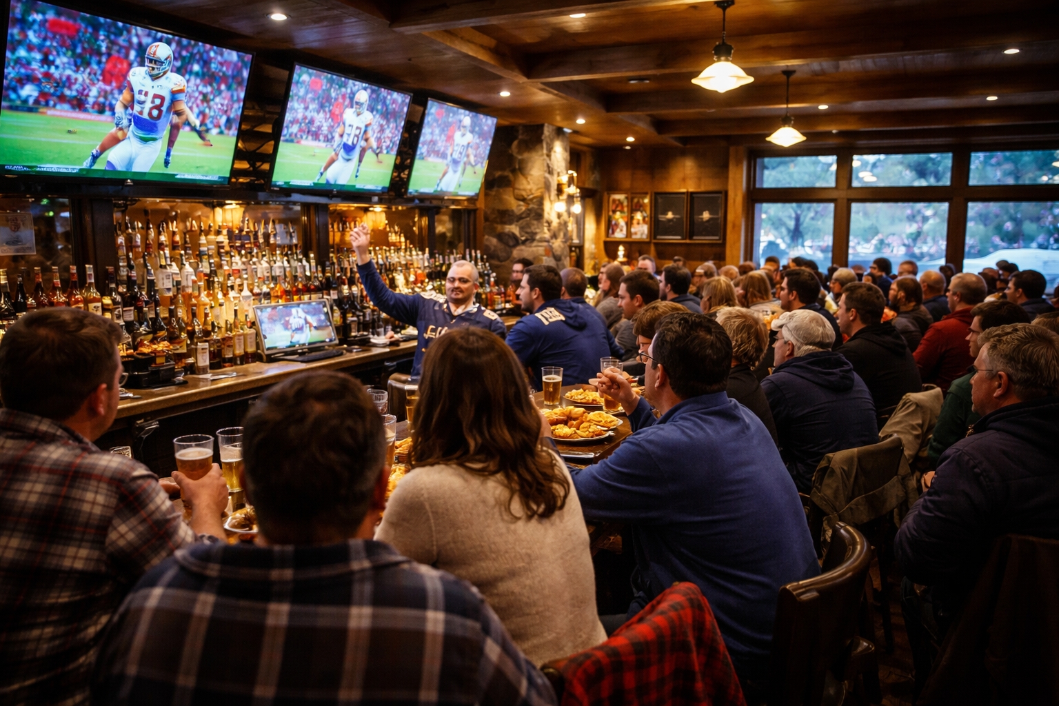 Fans watching the Super Bowl inside a Northern Michigan sports bar with multiple TVs and a lively game-day atmosphere