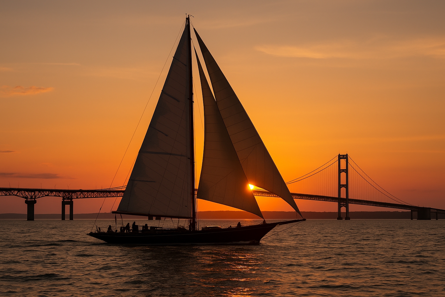 Whitehawk winning 2025 Chicago Yacht Club Race to Mackinac crossing finish line at Mackinac Island with Mackinac Bridge and Straits of Mackinac in background