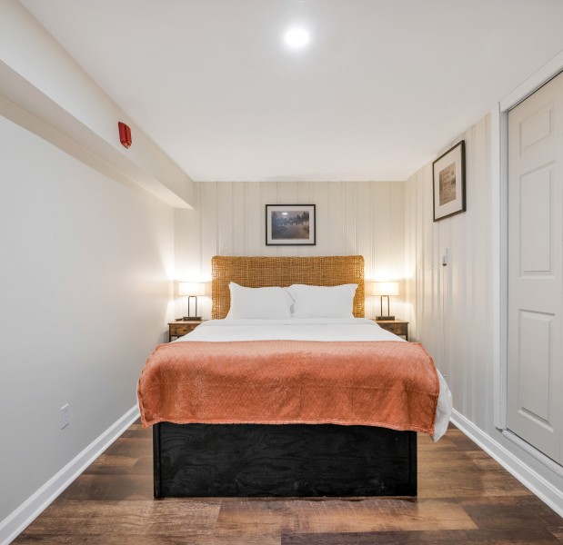 a bedroom with a large bed