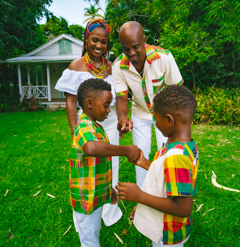 a family standing in a yard