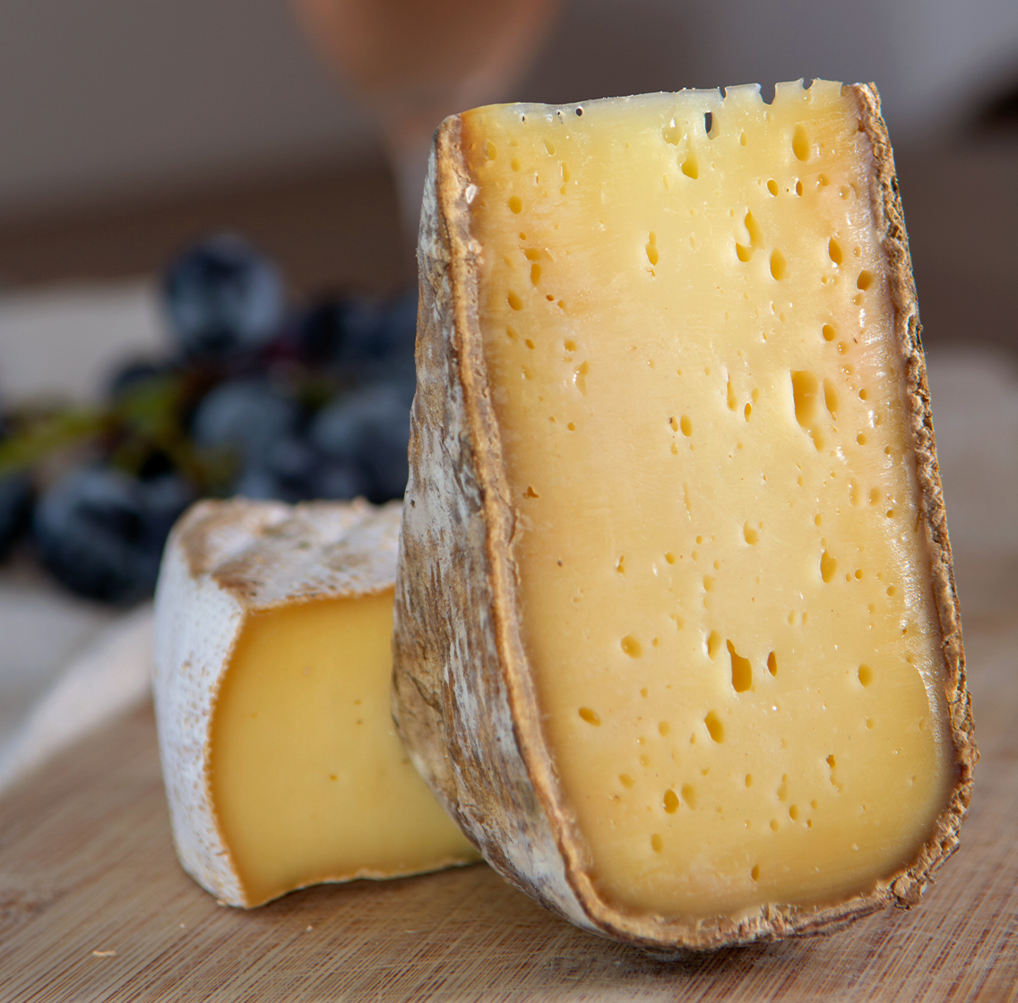close up of an aged yellow cheese