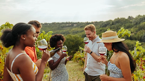 a group of people drinking wine in a vineyard