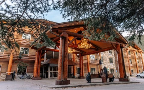 a large wooden structure with lights