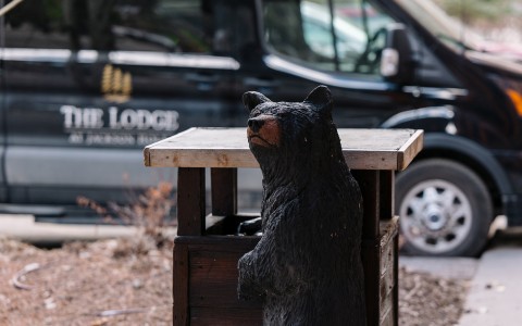 a statue of a bear on a wooden table