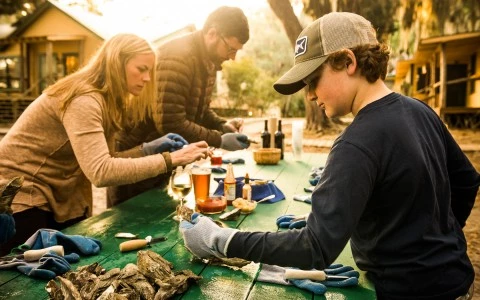 three people standing over a green table 