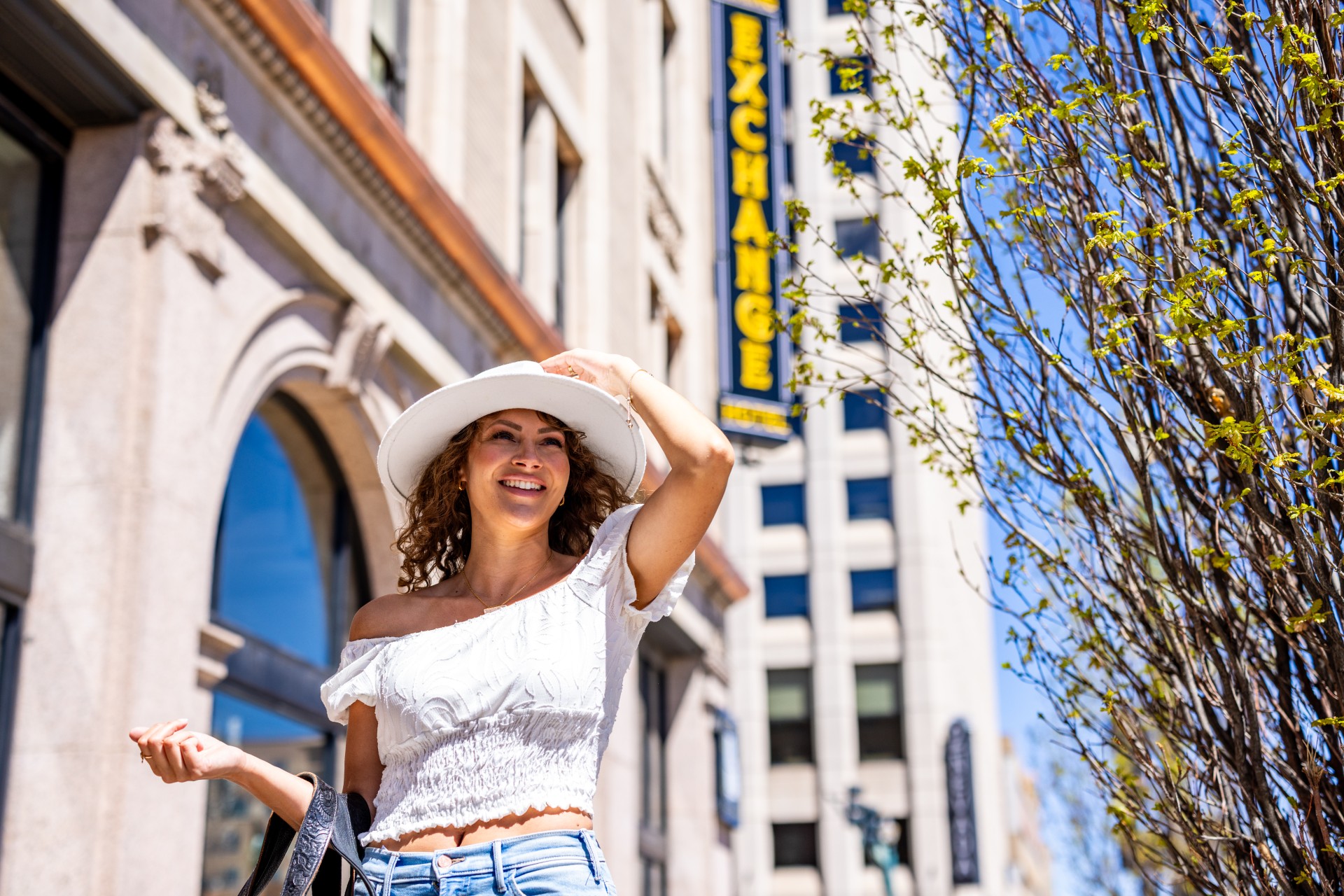 a woman in a white hat