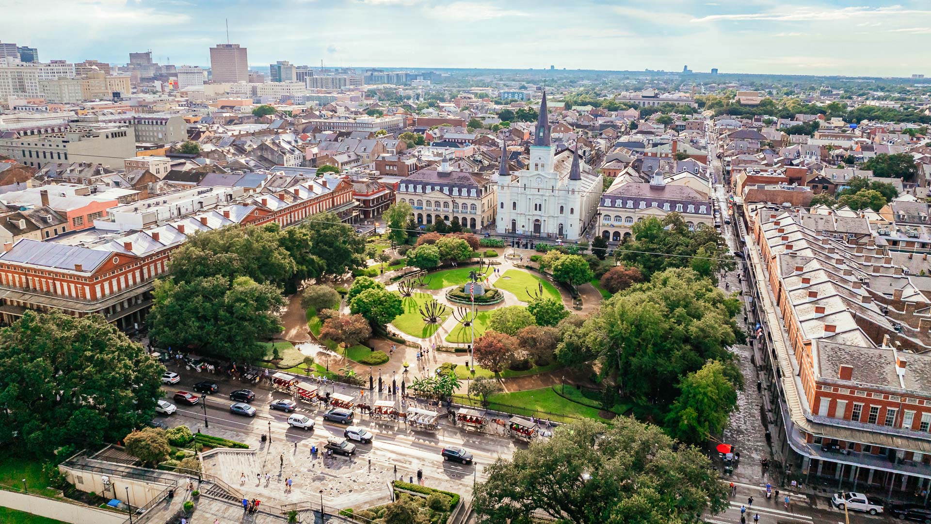 a city with many buildings and trees