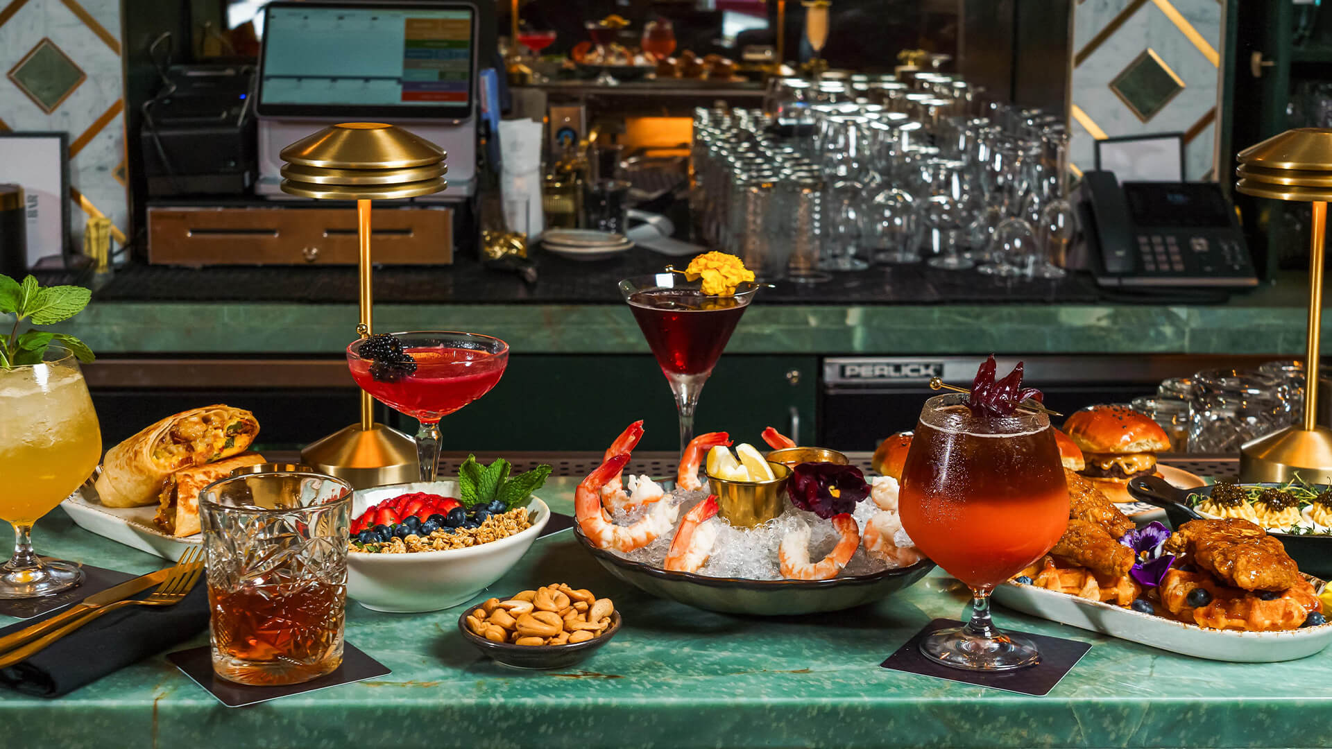 a table with different drinks on it