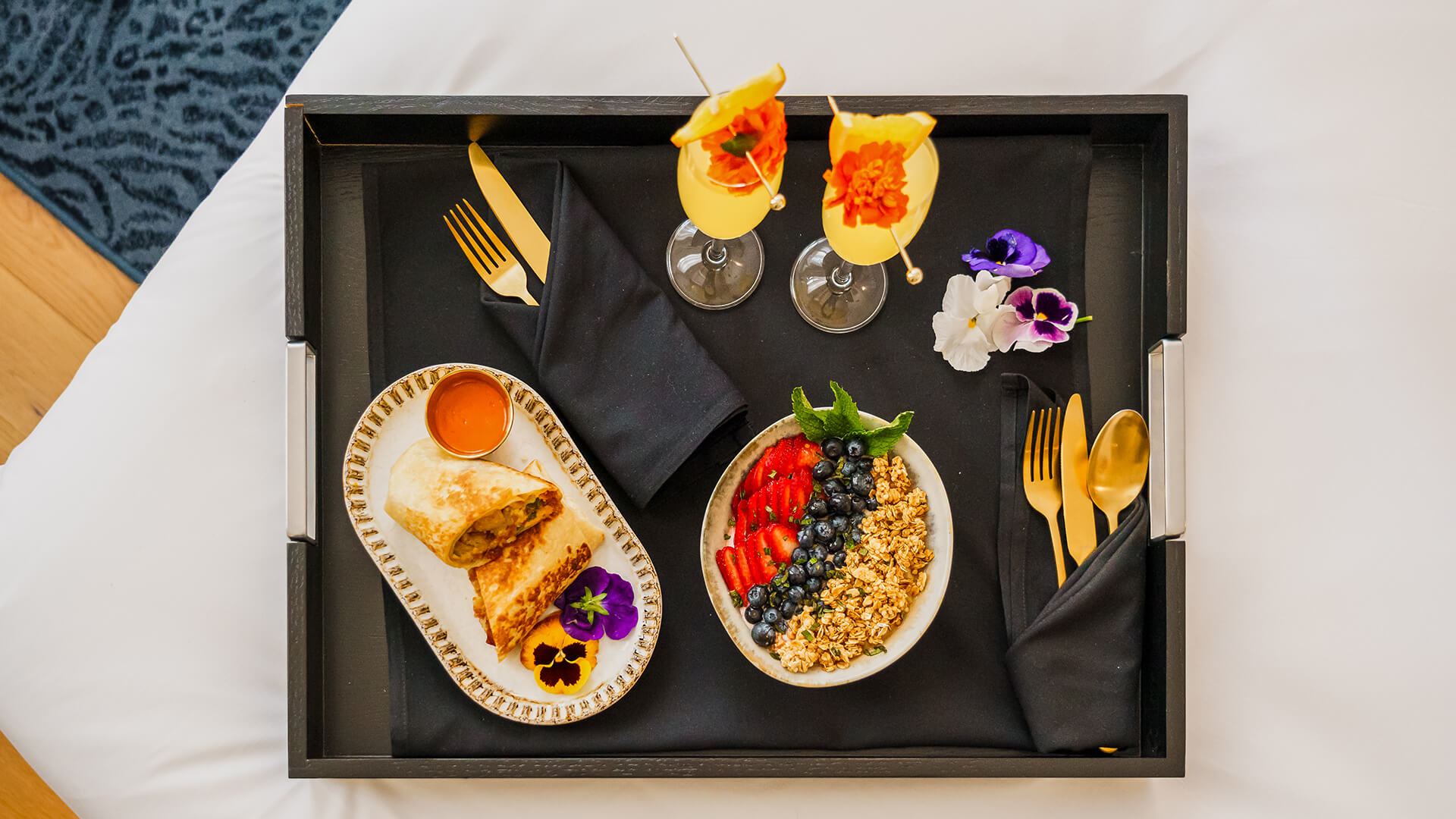 a tray with food and drinks on it