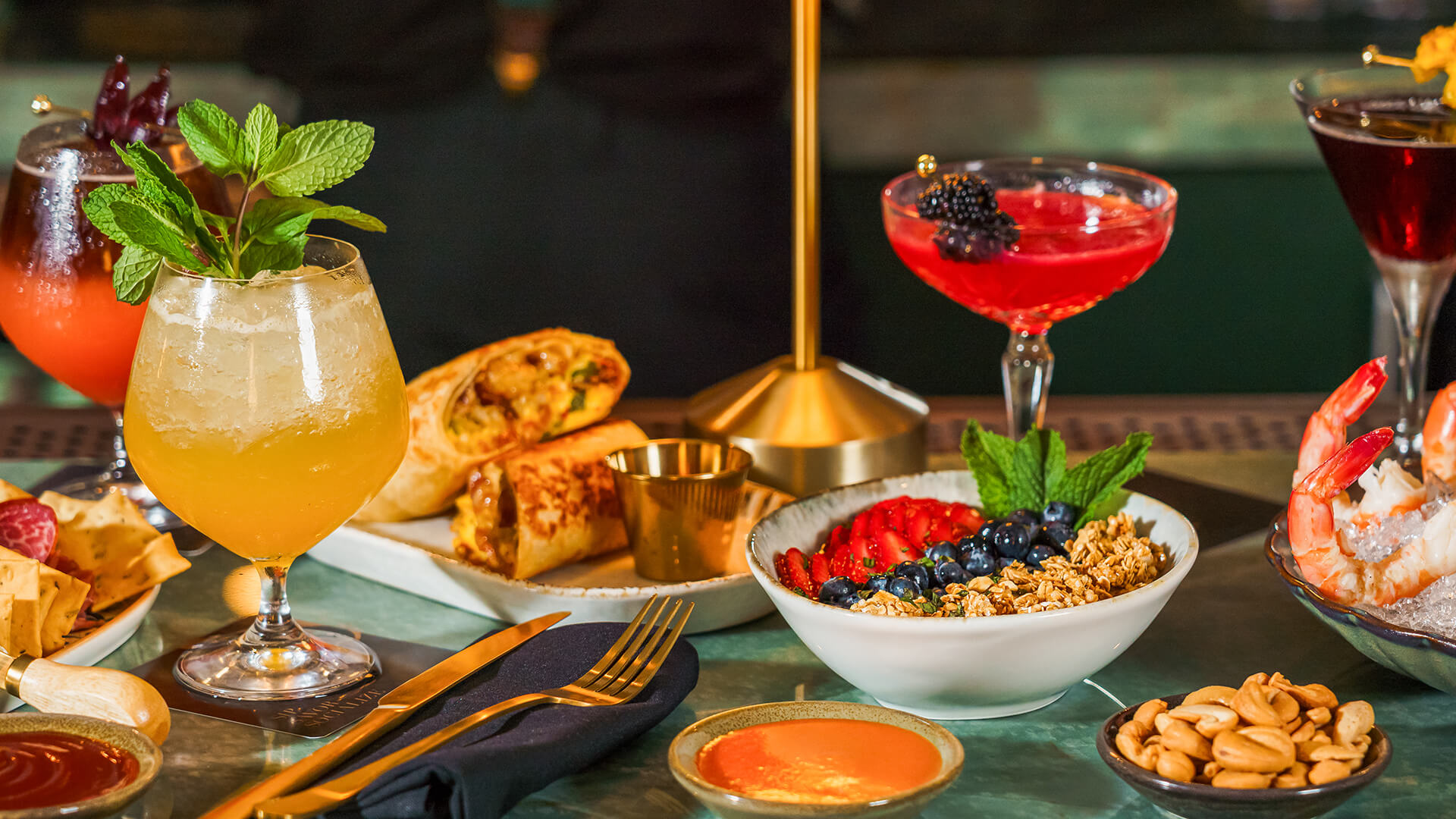 a table with food and drinks