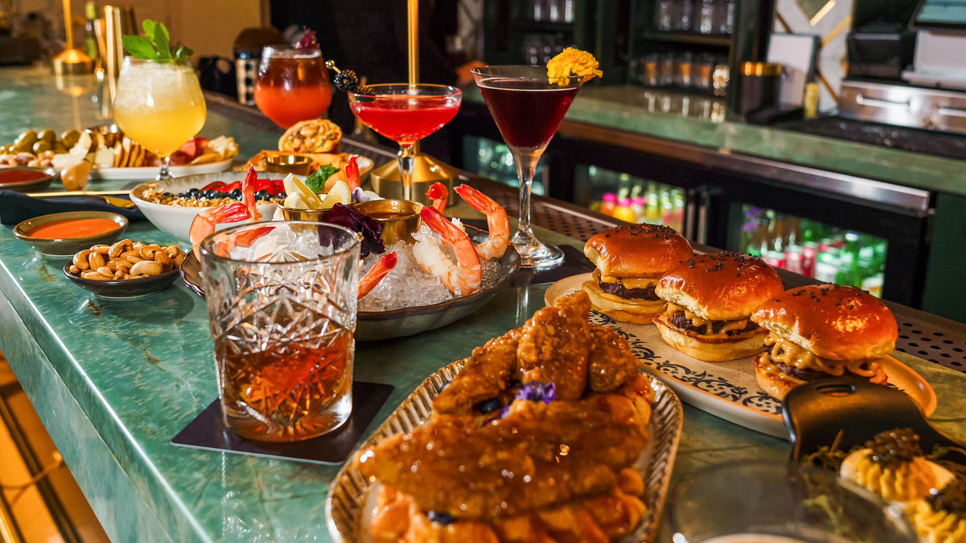 a table with food and drinks on it