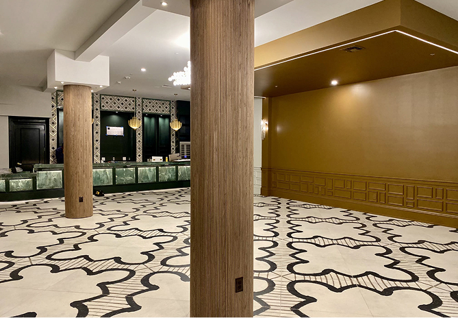 a large room with a large column