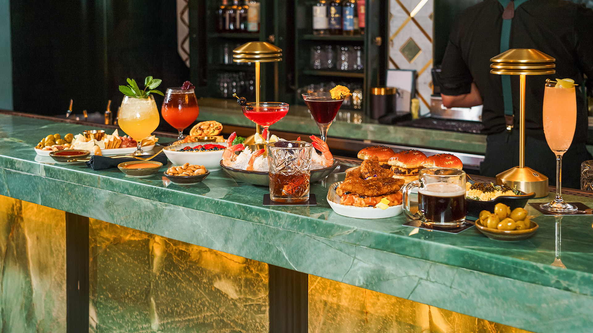 a bar with food and drinks on it
