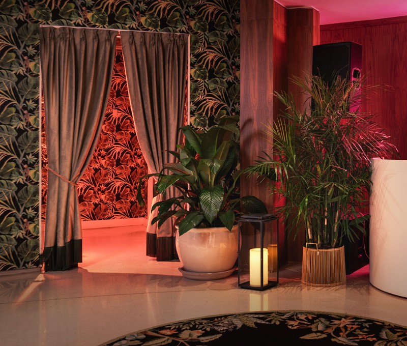 a lobby with plants