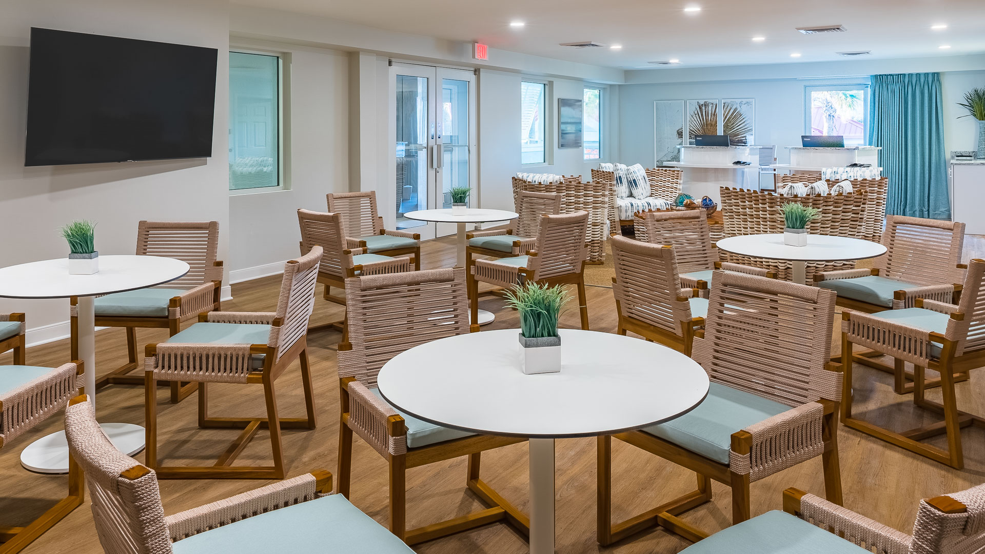 a room with tables and chairs