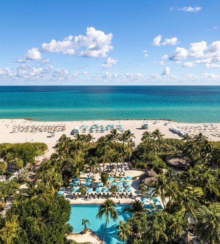 a beach with palm trees and a pool
