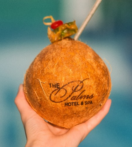 a hand holding a coconut with a straw