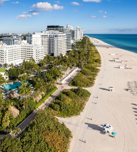 a beach with white buildings and palm trees