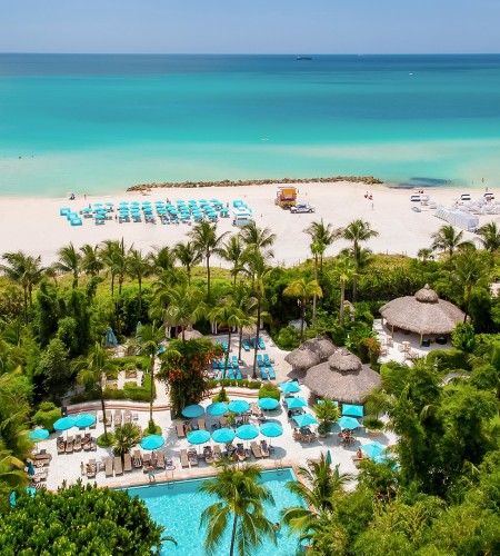 a beach with palm trees and a pool