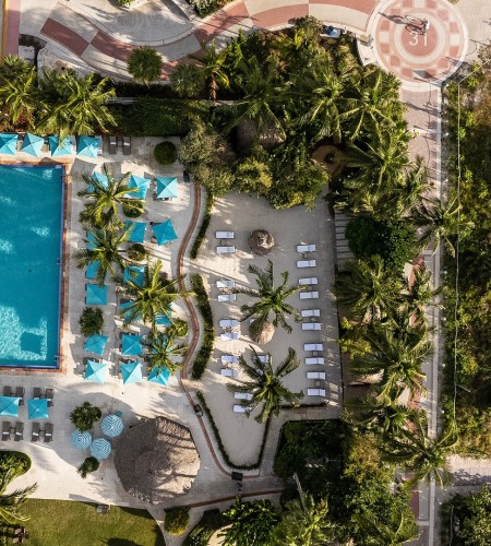 an aerial view of a resort with a pool and palm trees
