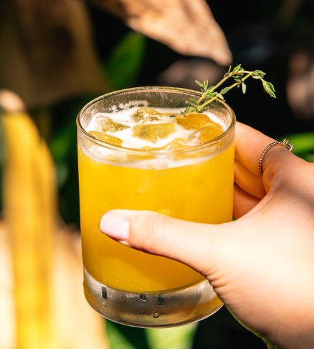 a hand holding a glass of yellow liquid with ice and a twig